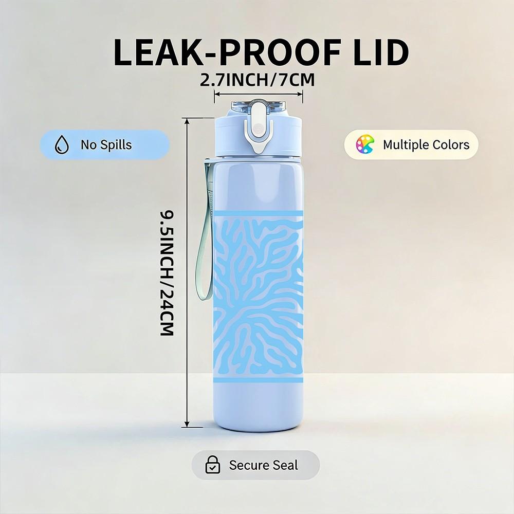 1PC Blue Fern Leaf Line Art Pattern 750ml Color Plastic Sports Water Bottle Leakproof Flip Straw Lid Suitable for Sports Office Home Use