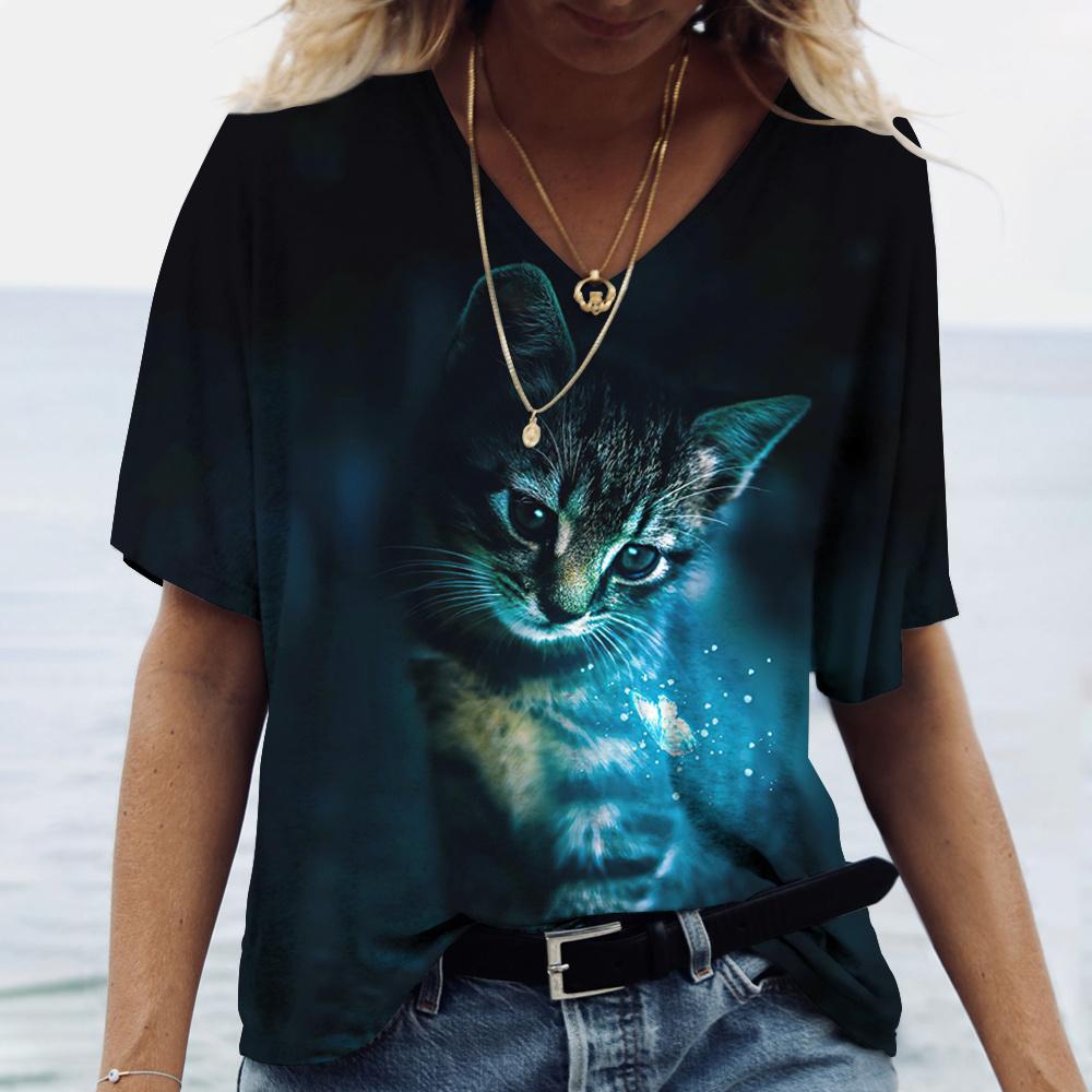 Fashionable Women's T-Shirts Cute Kitten 3D Print Girl Summer Harajuku Loose Casual Clothing Kawaii V-Neck Short Sleeve T-Shirts