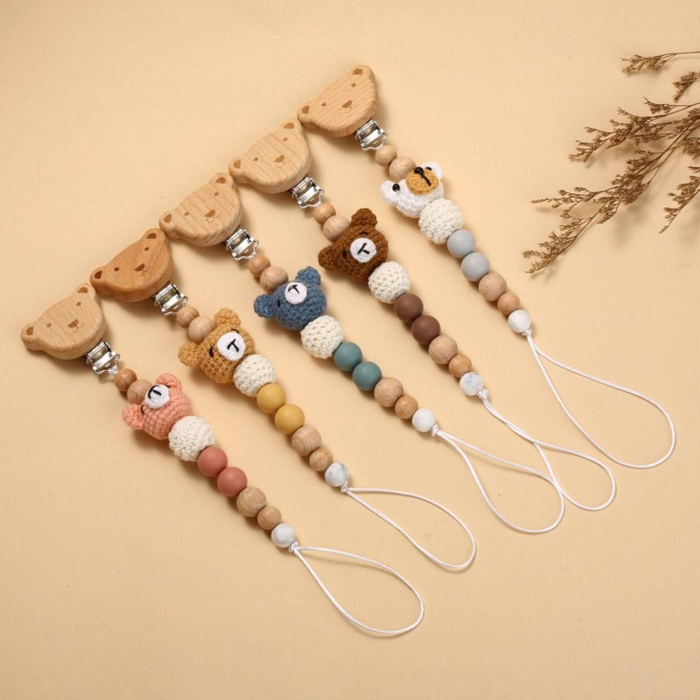 Wood Pacifier Holder Clips Bear Baby Teether Toys Straps Cute Baby Pacifier Chain  Baby