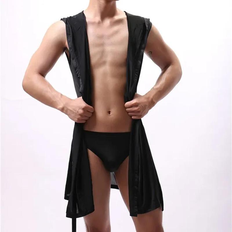 Европейская версия, мужской халат, мужская шелковистая пижама без рукавов, мужская ночная рубашка с капюшоном, халат, мужская ультратонкая домашняя одежда