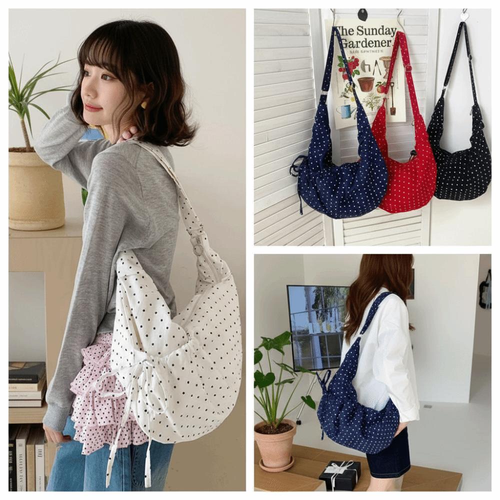 Korean Style Polka Dot Nylon Crossbody Bag Lightweight Ballet Style Pleated Shoulder Bag Prined Large Capacity