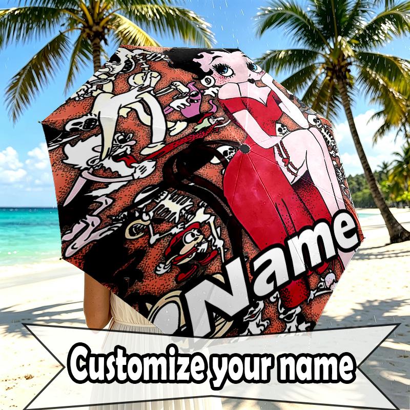Custom Name Personalized Betty Boop Print Umbrella, Auto Open Close, 8‑Rib Sturdy Frame, Commute Camping Hiking Use, Birthday Gift