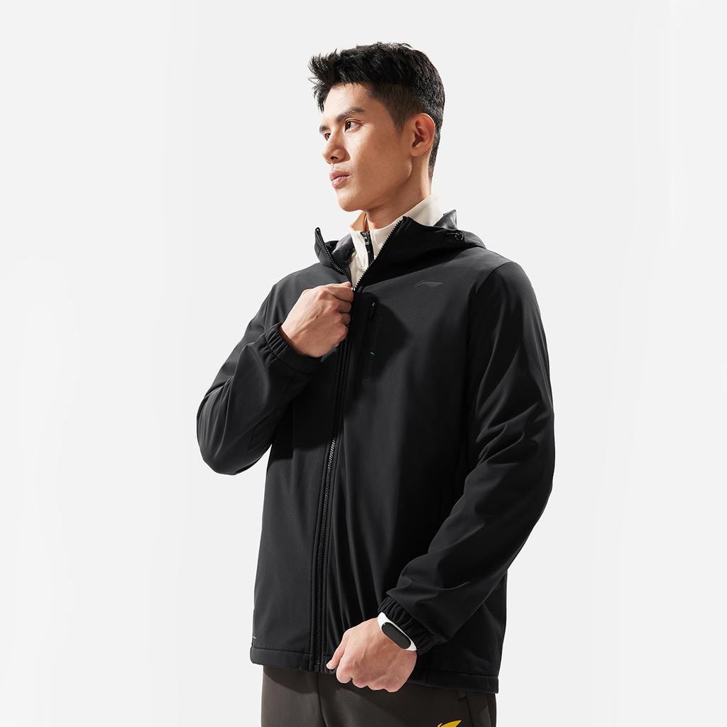 Li-Ning Water-Resistant Solid Color Hooded Fleece Long Sleeve Windbreaker Men Outerwear Black AFDU861-1
