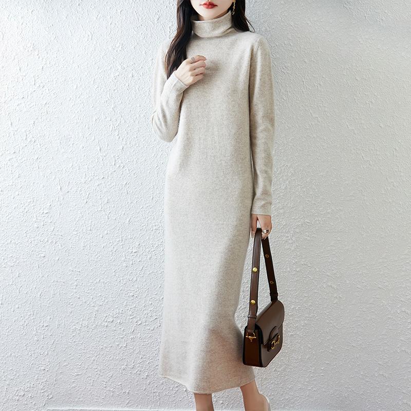 Women Sweater Dress 100% Wool MODERN NEW SAGA Turtleneck Knit Long Pullover Winter Jumpers Wool Long Dress Female