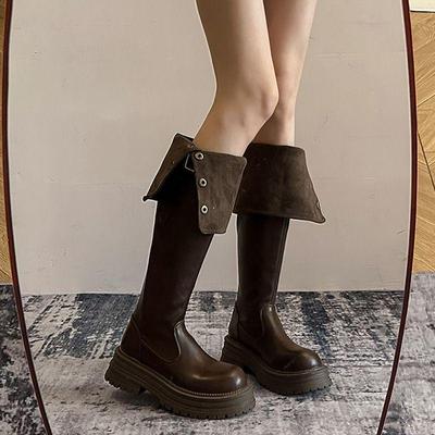 Складные ботфорты на толстой подошве и высоком каблуке для женщин - Осень/Зима 2025, ботинки на массивном каблуке, облегающие длинные сапоги.