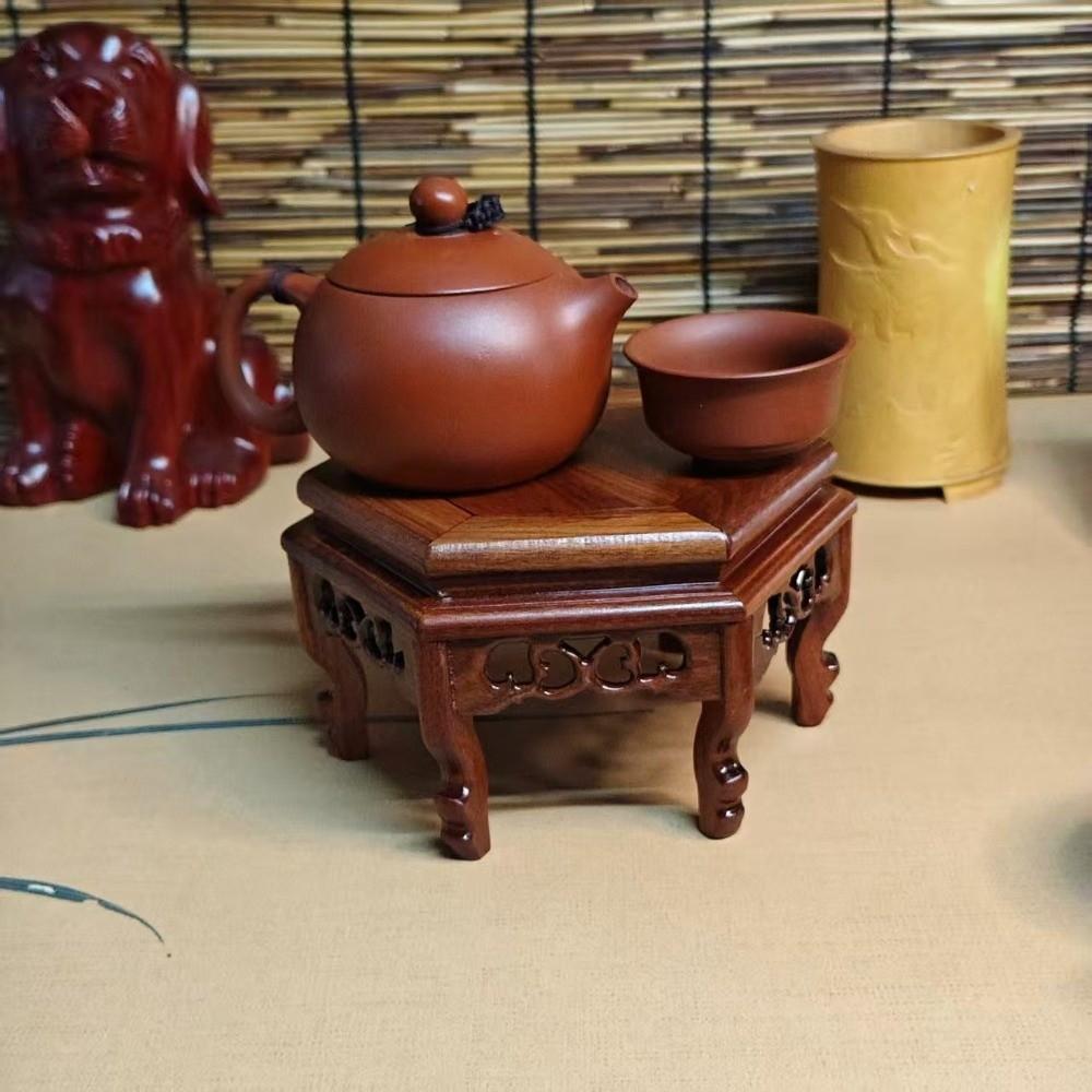 Hand Carved Hexagon Wood Base Teapot Stand Wooden Display Stand Display Base Rack  Living Room