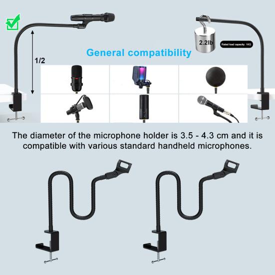 Gooseneck Microphone Arm Stand 360 Degree Flexibility Heavy Duty Desk Clamp Universal Mic Holder Clip