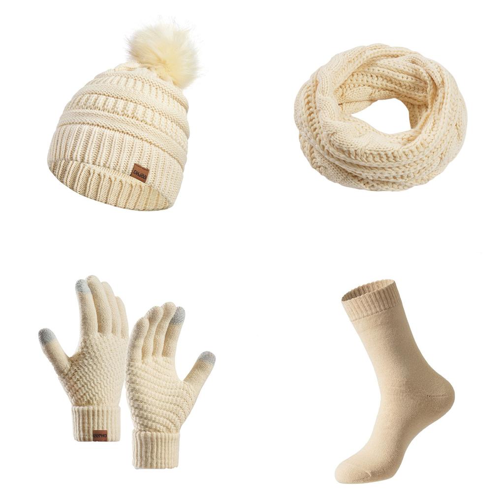 Парная теплая шерстяная шапка, вязаная плюс бархатная утолщенная взрослая шапка, шарф, перчатки, носки, комплект из четырех предметов