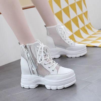 Женские ботинки мартин летние новый стиль кожа сетка короткие ботинки на скрытой танкетке дышащие с перфорацией пип-ботильоны