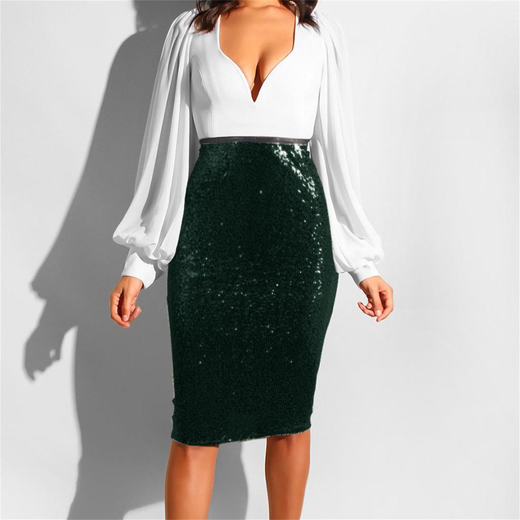 Women Fashion Solid Slim High Waist Push Up Hip Pencil Zipper Sequin Skirt