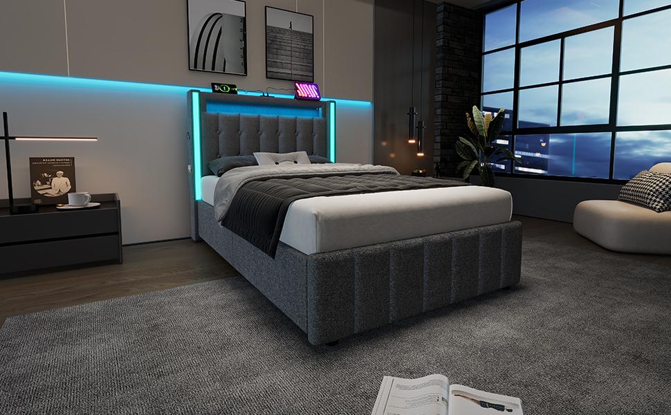 Upholstered Bed USB Type C Charging LED Lighting and 2 Drawers, Youth Bed 90x200cm Single Bed Frame, Wooden Slatted Frame, Grey (With Mattress)