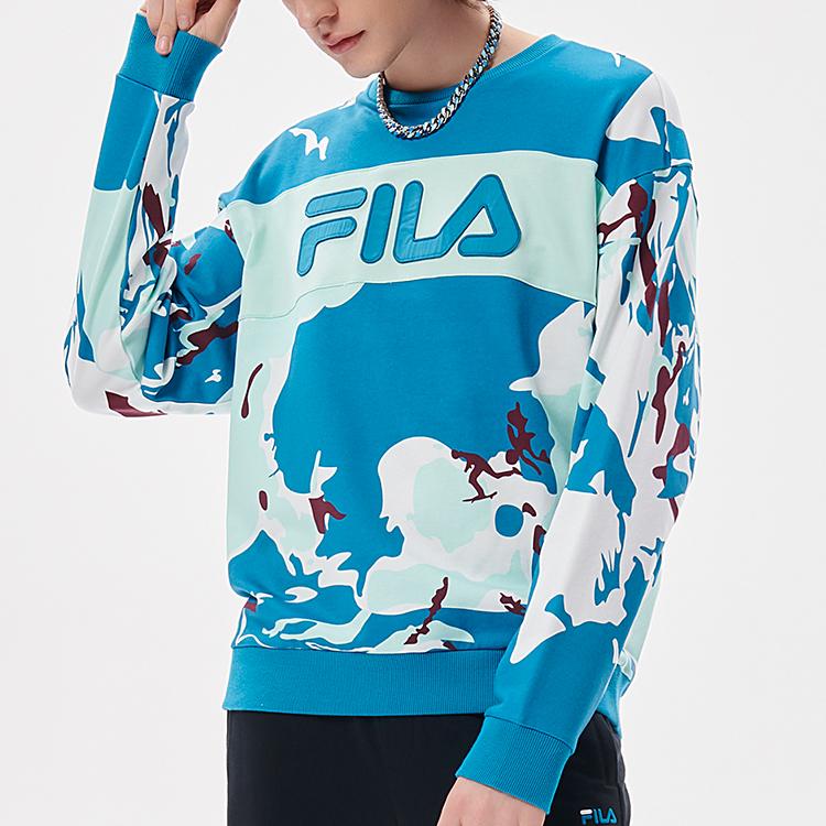 Fila Fusion Спортивная толстовка с круглым вырезом, свободного кроя, с камуфляжным принтом Color Block, мужская одежда, синяя T11M133201F-BU