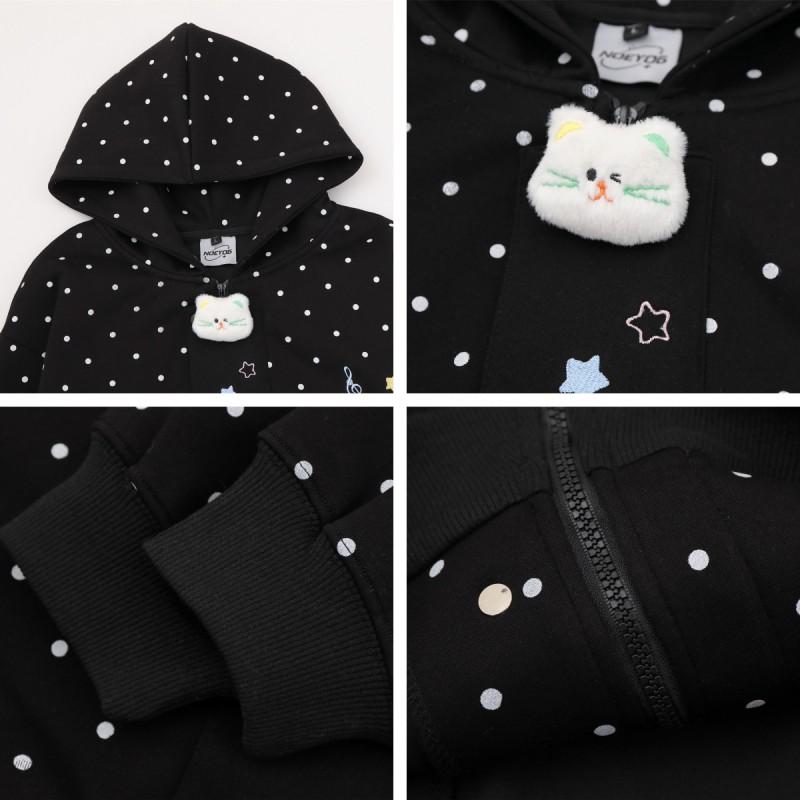 American Style 3D Kitten Embroidered Zip Up Hoodie Loose Fit Sweatshirt Teens