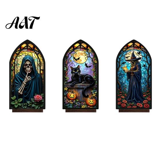 Vintage Church Window Light Halloween Candle Holder, Gothic Stained Glass Style Holder Retro Spooky Candlestick, Tabletop Atmosphere Ornament for Home