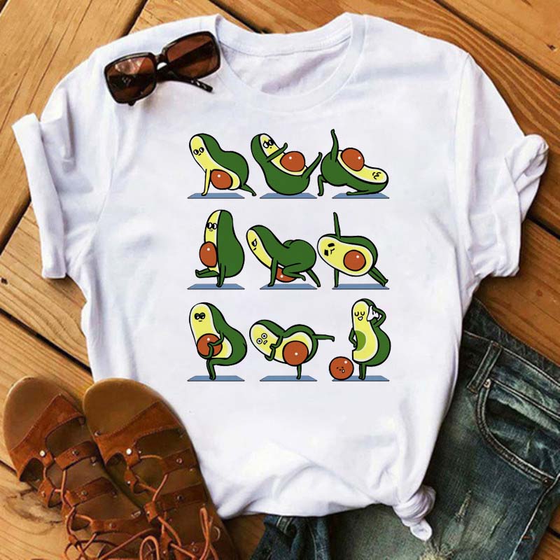 Maycaur Tee Women T-shirt Summer Short Sleeve Avocado Print Clothes Fashion Cartoon Fruit Graphic T Shirt Kawai Female Tops TEE