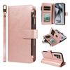 Imitation Calf Vegan Leather 9 Card Slots Zipper Phone Case with Wrist Strap