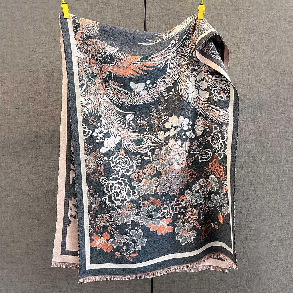 Autumn And Winter Phoenix Flower Jacquard Scarf Women'S Versatile Thickened Warm Scarf Shawl Dual-Purpose