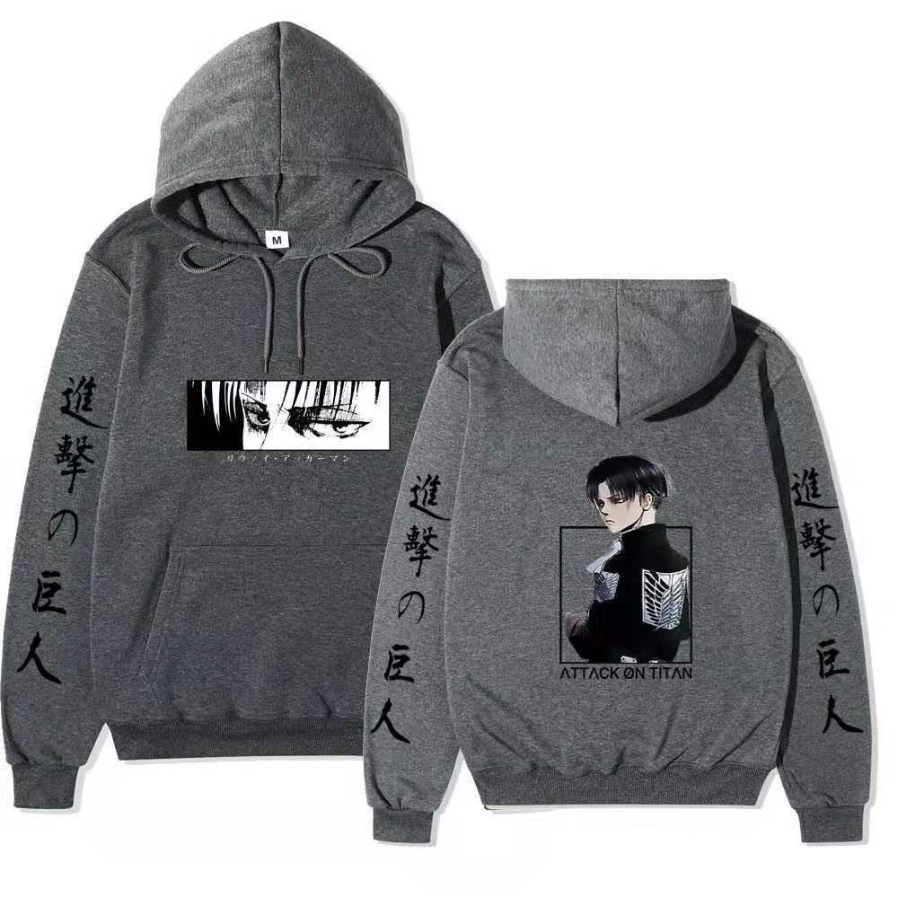Unisex Attack on Titan Levi Ackerman Double Sided Hoodie, Front Back Anime Graphic Print Long Sleeve Pullover Hooded Sweatshirt Streetwear