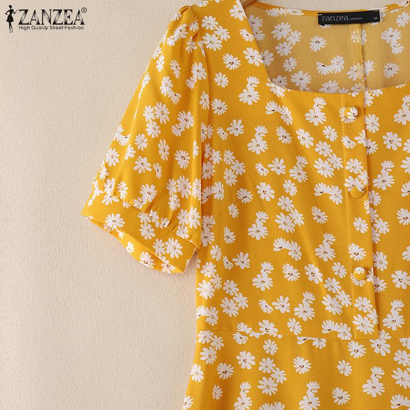 ZANZEA Женское повседневное платье с квадратным воротником и коротким рукавом с цветочным принтом