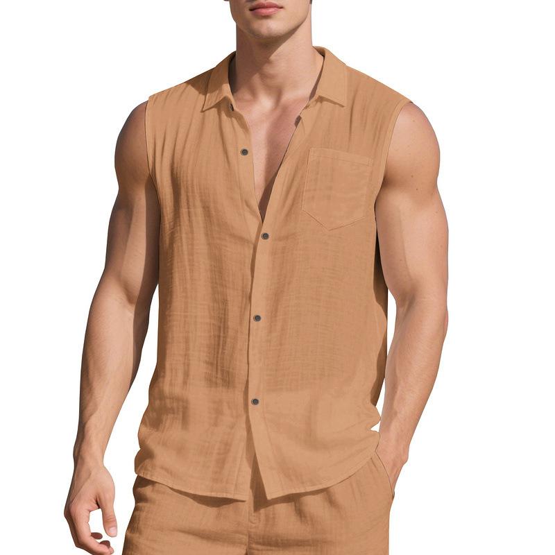 New linen solid color shirt men's summer sleeveless loose casual lapel vest