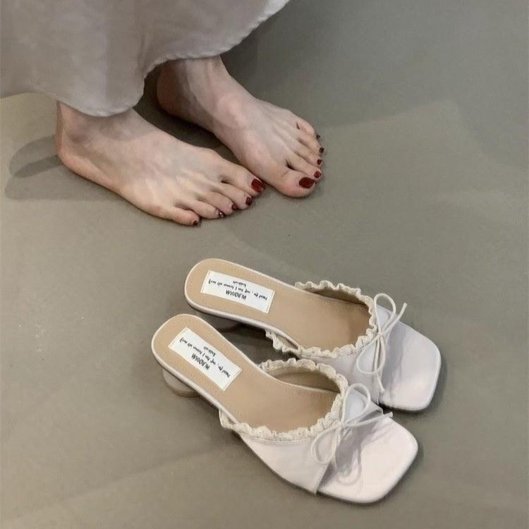 2025 New Summer Women Square Toe Slippers Fashion Lace Dress Slide Shoes Ladies Concise Outdoor Beach Vacation Sandalias