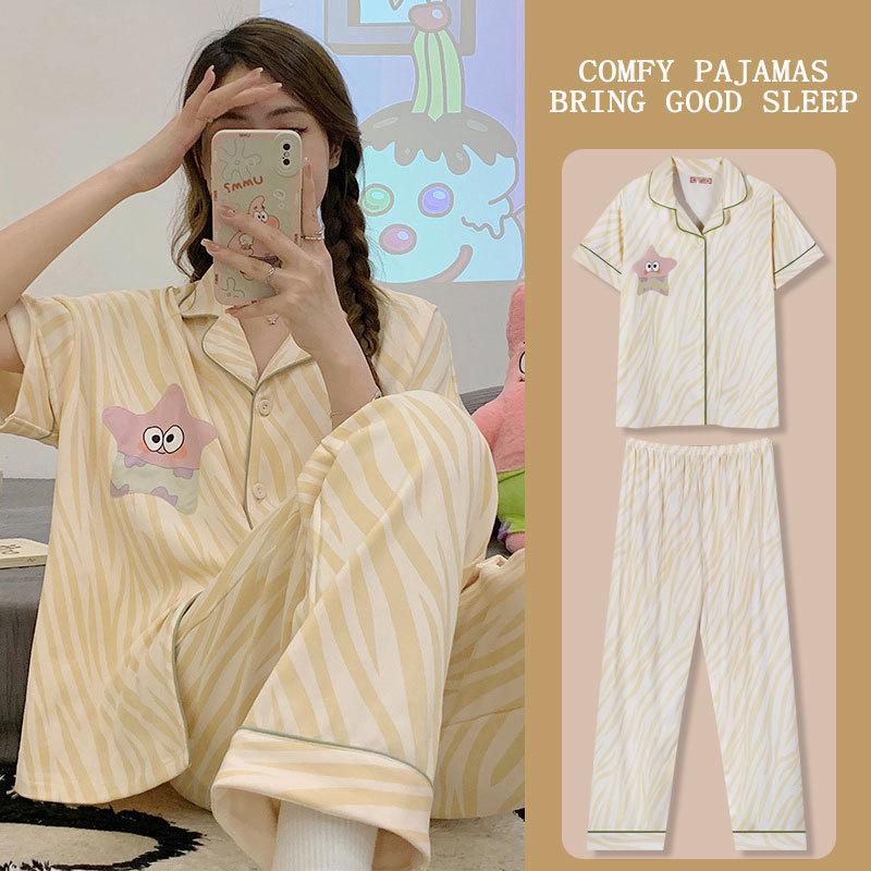 Girly heart bursting cute rabbit print pajamas women's summer short-sleeved trousers cardigan loose loungewear set thin