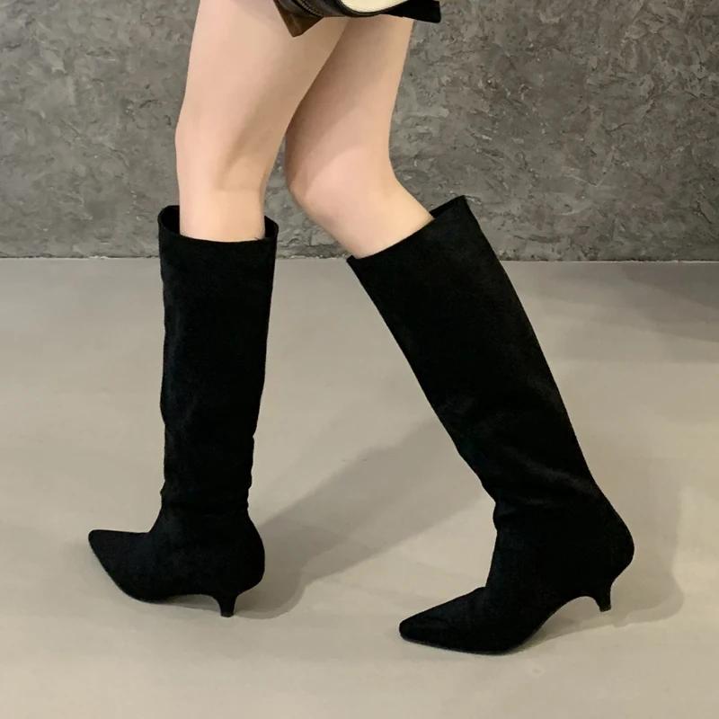 Eilyken Зимние женские сапоги до колена с острым носком, модные туфли на тонком низком каблуке, дизайнерские плиссированные ботильоны