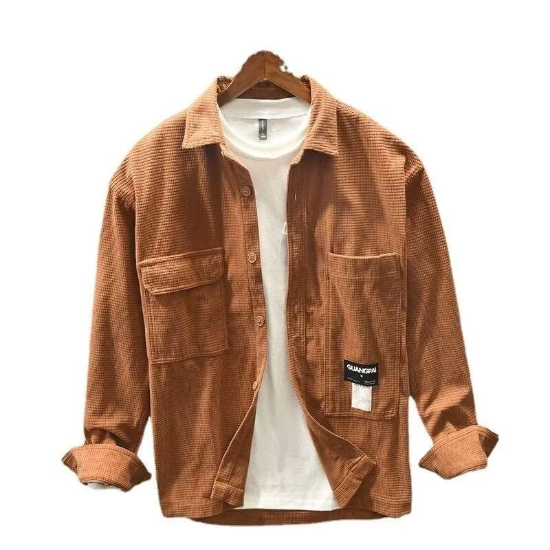Men's Spring and Autumn Models Plus Size Solid Colour Thin Section of Corduroy Long-sleeved Lapel Shirt Jacket Buttons Section Outerwear