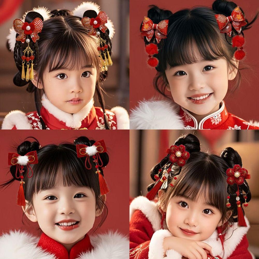 Red Children Bow Wig Hairpin Tassels Hanfu Hair Sticks Sweet Chinese New Year Headwear Baby