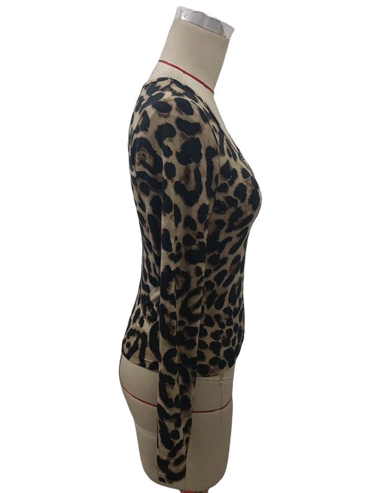 Весна Мисс. Леопардовый принт Большой круглый вырез Длинный рукав Приталенный Топы Футболка Женщины Универсальный Основной элемент гардероба Модные вещи Рубашка