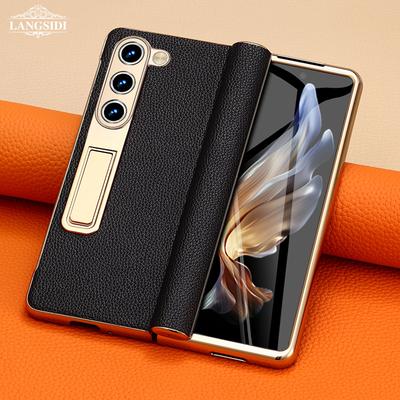 Кожаный чехол для телефона Samsung Galaxy Z Fold 6 5 4 3 Fold6 Fold5 с позолоченным магнитным шарниром и подставкой, задняя крышка с зеркальной пленкой