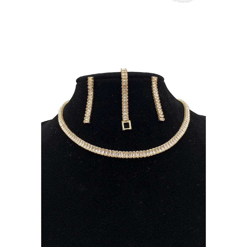 Women's Silver Zircon Baguette Waterway Necklace Earring Bracelet Jewelery Set Suit