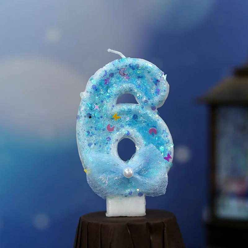 Y 3D Blue Bow Sparkling Number Candles - Birthday Cake Topper with Glitter Accents, Kawaii Party Decor for Birthdays/Weddings
