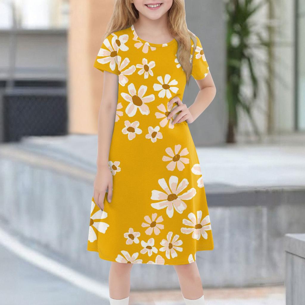 Детское летнее повседневное модное платье с короткими рукавами и круглым вырезом