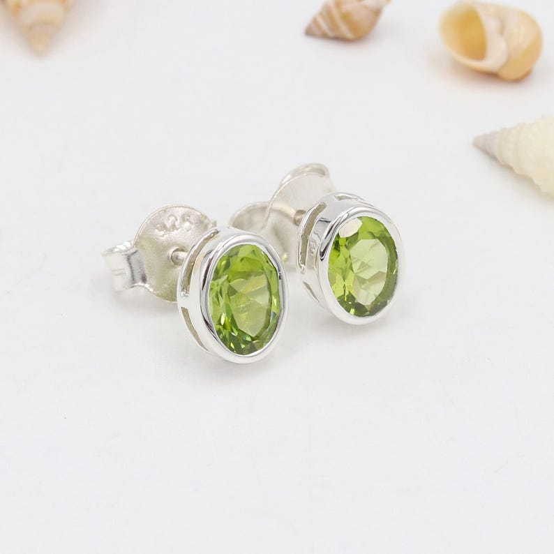 Solid 925 Sterling Silver Peridot Oval Gemstone Stud Earring Gift For Her Minimalist Earrings