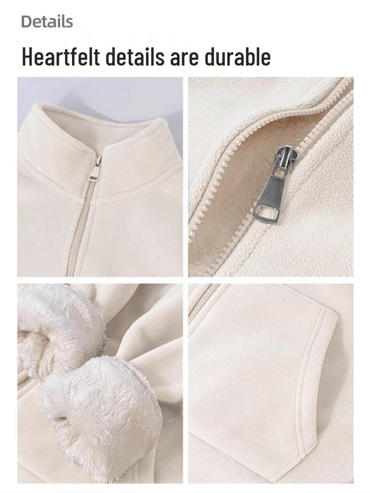 Women's Fleece Jacket with Lamb Wool Lining - Warm Zip Cardigan for Autumn/Winter