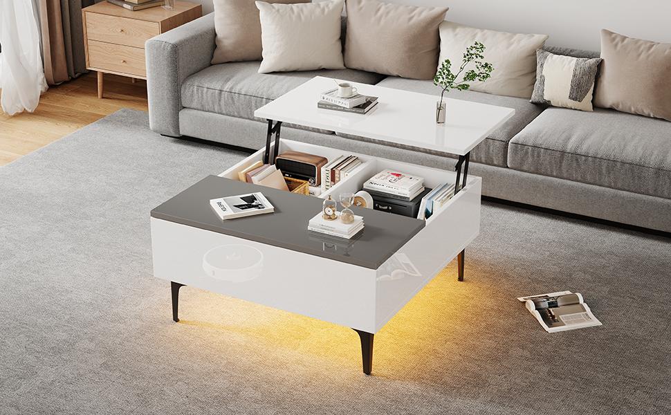 70*70*35cm Height-Adjustable Coffee Table with Hidden Storage, White High-Gloss Living Room Table, Desk with LED, Sofa Table with Drawers