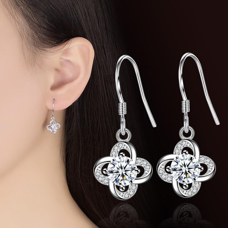 Silver-Plated Earrings Simple Earrings Ear Hook Women's Earrings Silver Accessories Lucky Leaf Grass Eternal Flower Words Earrings