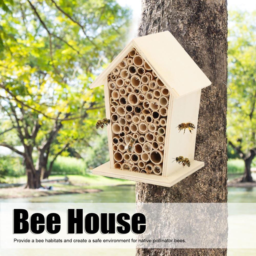 2 Pcs Wood Insect House Reed Bee Hotel Safe Bee Shelter Native Pollinator Bees