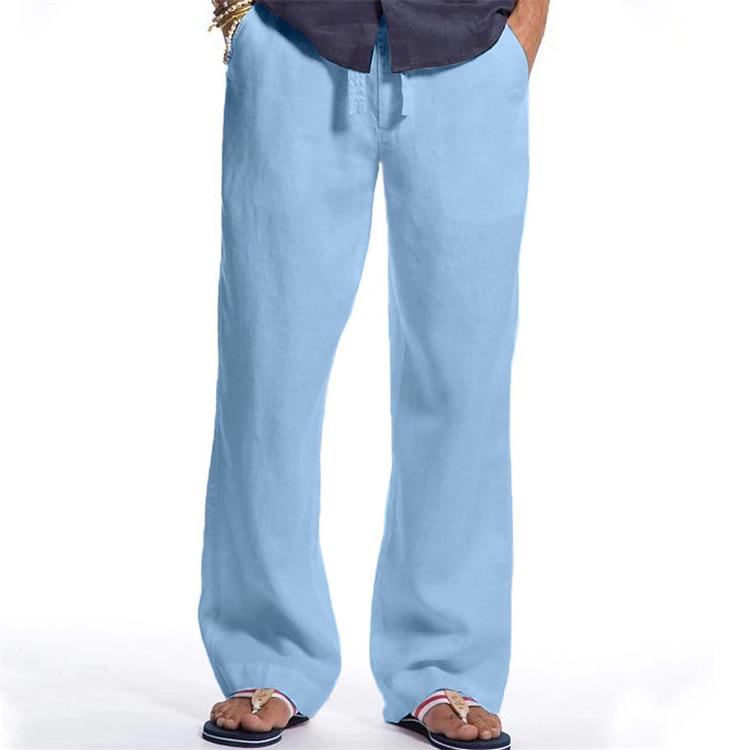 Модные мужские прямые брюки из хлопка и льна, свободные повседневные брюки с завязками на шнурке, дышащие повседневные брюки