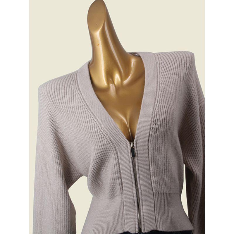 Stylish Metal Zipper V-neck Knitted Cardigan Outwear Women's High Waist Short Batwing Sleeve Outer Wear Slim Looking Tops Autumn