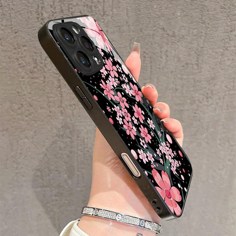 Чехол из закаленного стекла с розовым цветочным узором сакуры для iPhone 17 16 15 14 13 12 11 Pro Max 17Air 16E 7 8 Plus XR XS X