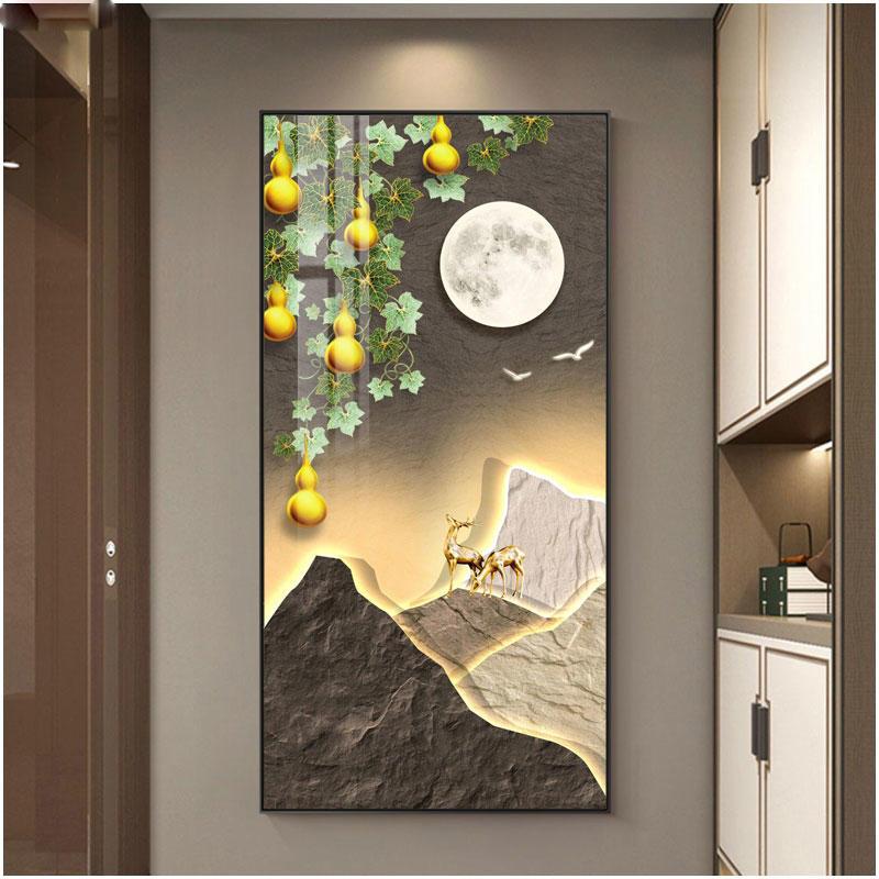 Abstract Fengshui Golden Zen Stone Canvas Painting Golden Moon Deer Wall Art Rich Tree Posters for Porch Wall Decor No Frame