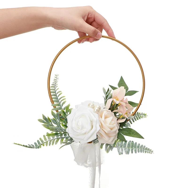 Bridesmaid Gold Hoop Bouquet for Wedding Bridal Shower Ceremony Artificial Rose Flower Hoop Wreath Front Door Wall Decoration