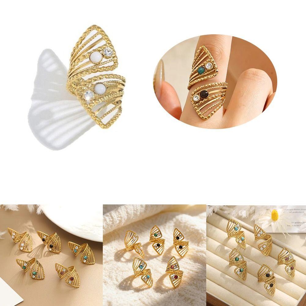 18K Gold Color Stainless Steel Rings Natural Stone Gold-plated Ring Openwork Ring Wedding Ring