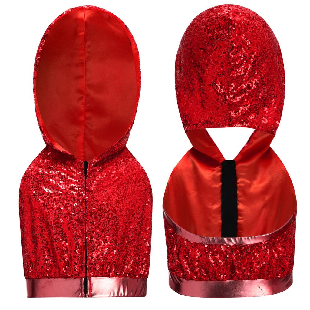 Sleeveless Backless Hooded Crop Top for Girls: Front Zipper Sparkling Sequins Dancewear for Hip-Hop Jazz Performance