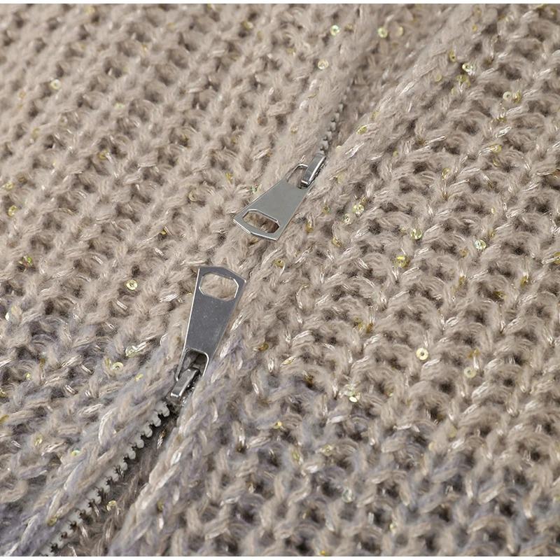 Модный кардиган с блестками и люрексом, сверкающий вязаный женский кардиган с рукавами-фонариками, повседневный свободный свитер с v-образным вырезом на молнии, женская элегантная куртка HighStreet, шикарная уличная одежда