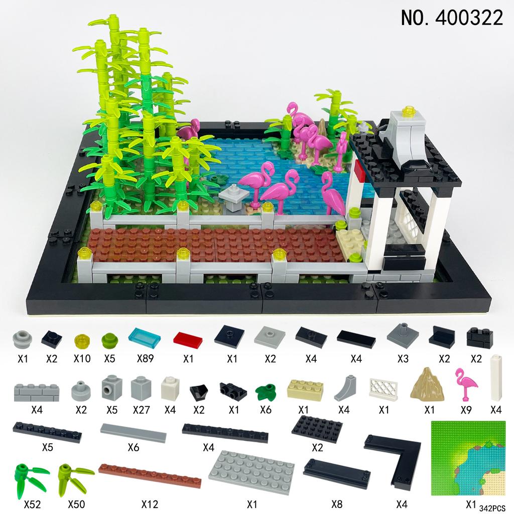 400322 City Wetland Park Grass River Small Grain Floor Bird Animal Model Vegetation Leaves Garden Pavilion Building Block Toy