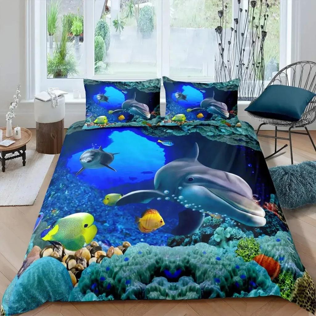 3D Dolphin In Blue Sea Queen King Size Bedding Sets Animal Single Quilt Duvet Cover Set Boys Adult Bed Polyester Bedclothes