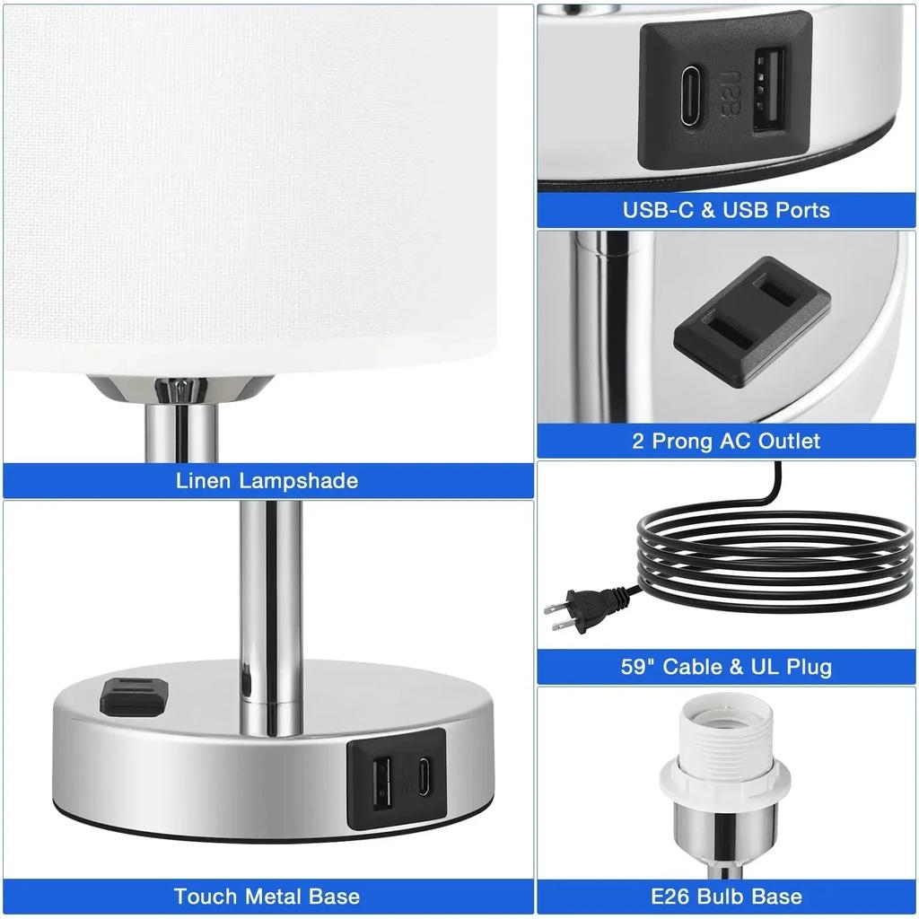 Small Table Lamp Led Rechargeable Light Pull Chain Reading Light with AC Outlet Bedside Table Beige Lampshade for Bedroom Kids